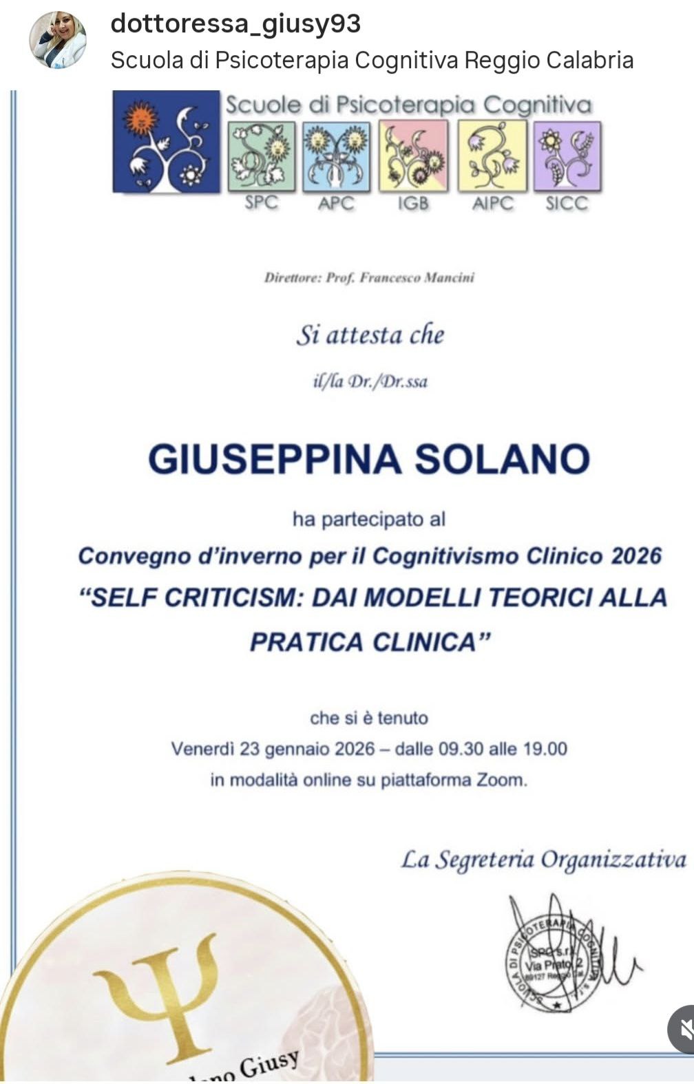 Attestato di partecipazione convegno psicoterapia